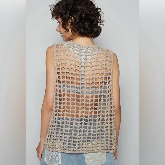 POL Crochet Flower Scoop Neck Boho Top S 21” p2p Mocha $84 Retail NWT - Picture 8 of 9